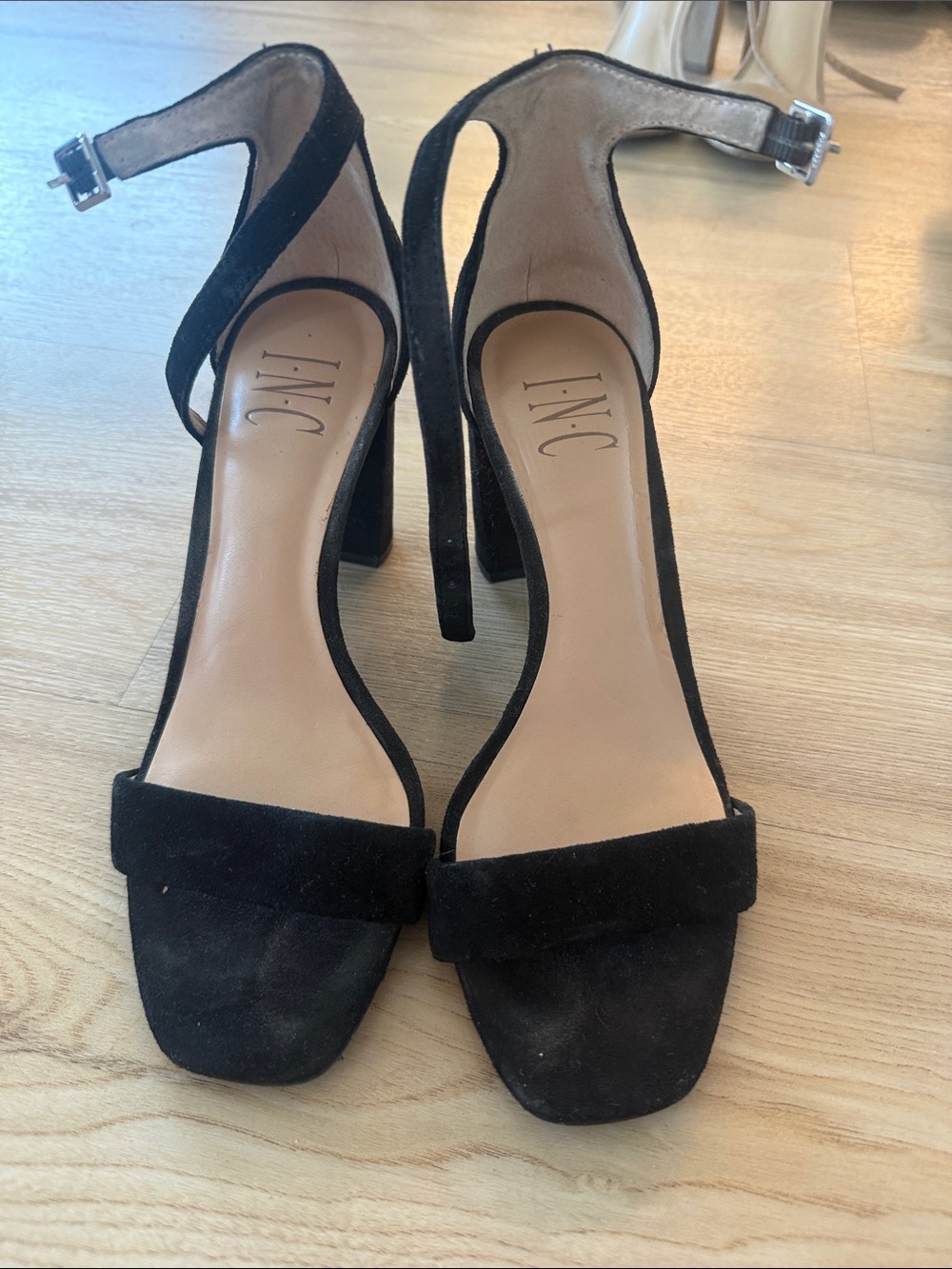 INC International Concepts Black Suede Ankle-Strap Block Heels